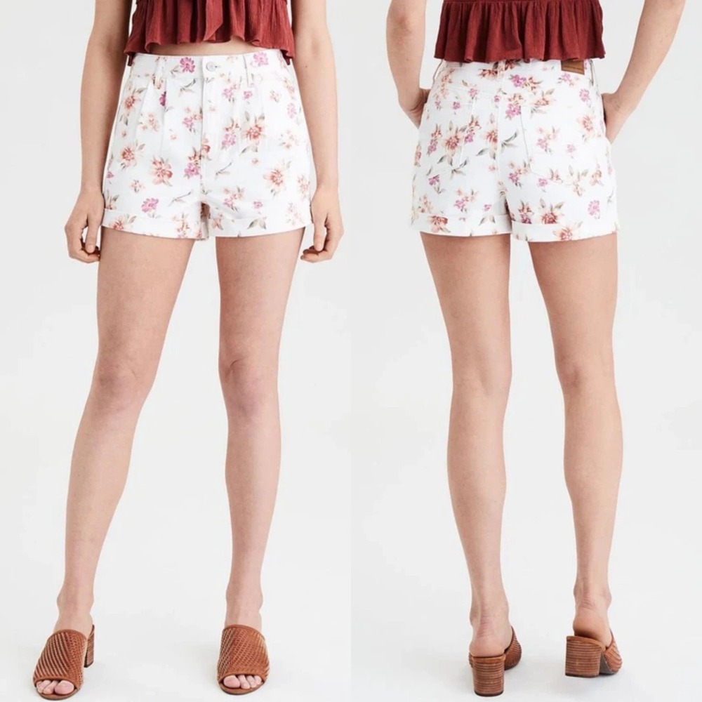 American Eagle Mom Shorts High‎ Waist Floral Print Cotton Denim White Size 2